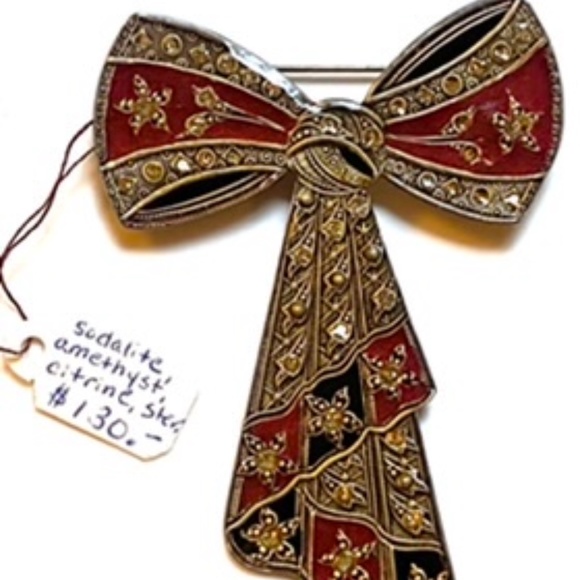 Vintage Enamel Bow Brooch With Sodalite, Amethyst, Citrine & Sterling - Picture 2 of 5